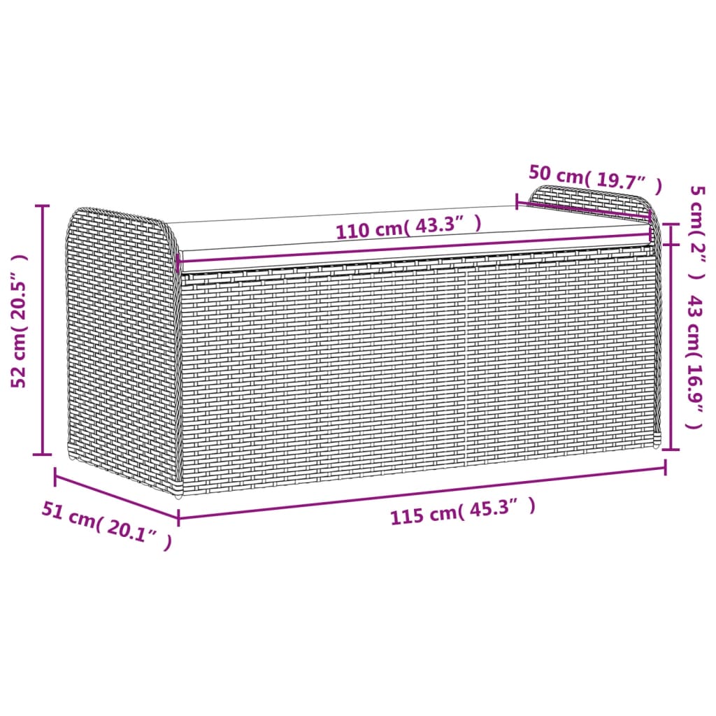 vidaXL opbevaringsbænk med hynde 115x51x52 cm polyrattan brun