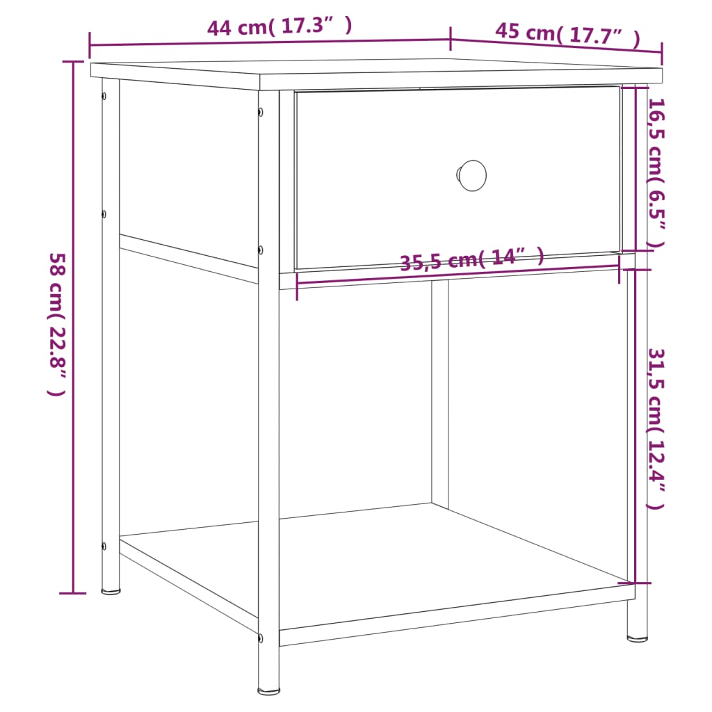 vidaXL sengebord 44x45x58 cm konstrueret træ røget egetræsfarve