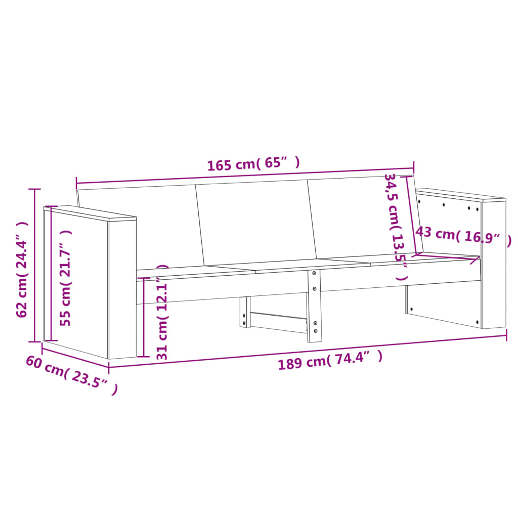 vidaXL 3-personers havesofa 189x60x62 cm massivt fyrretræ hvid