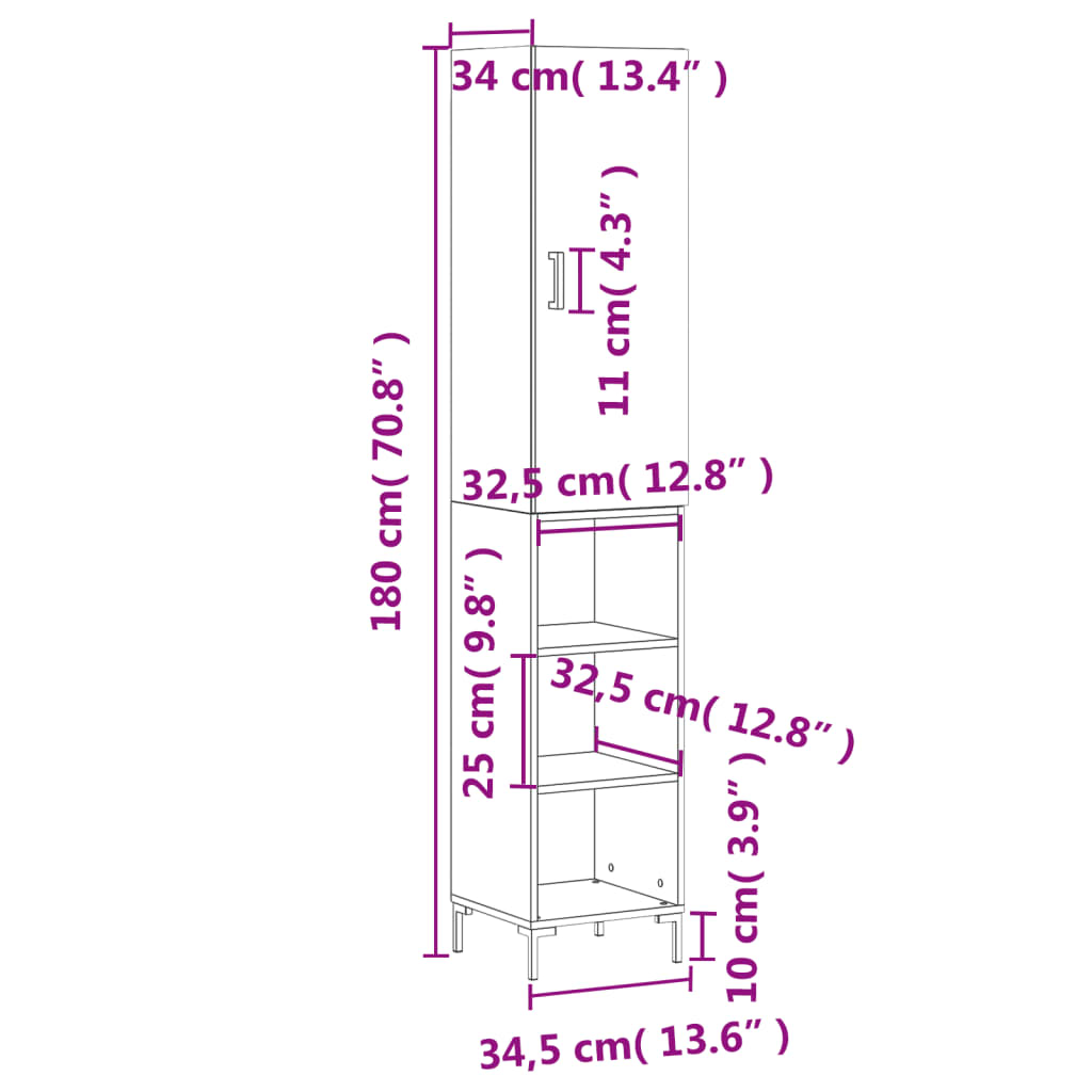 vidaXL højskab 34,5x34x180 cm konstrueret træ grå sonoma-eg