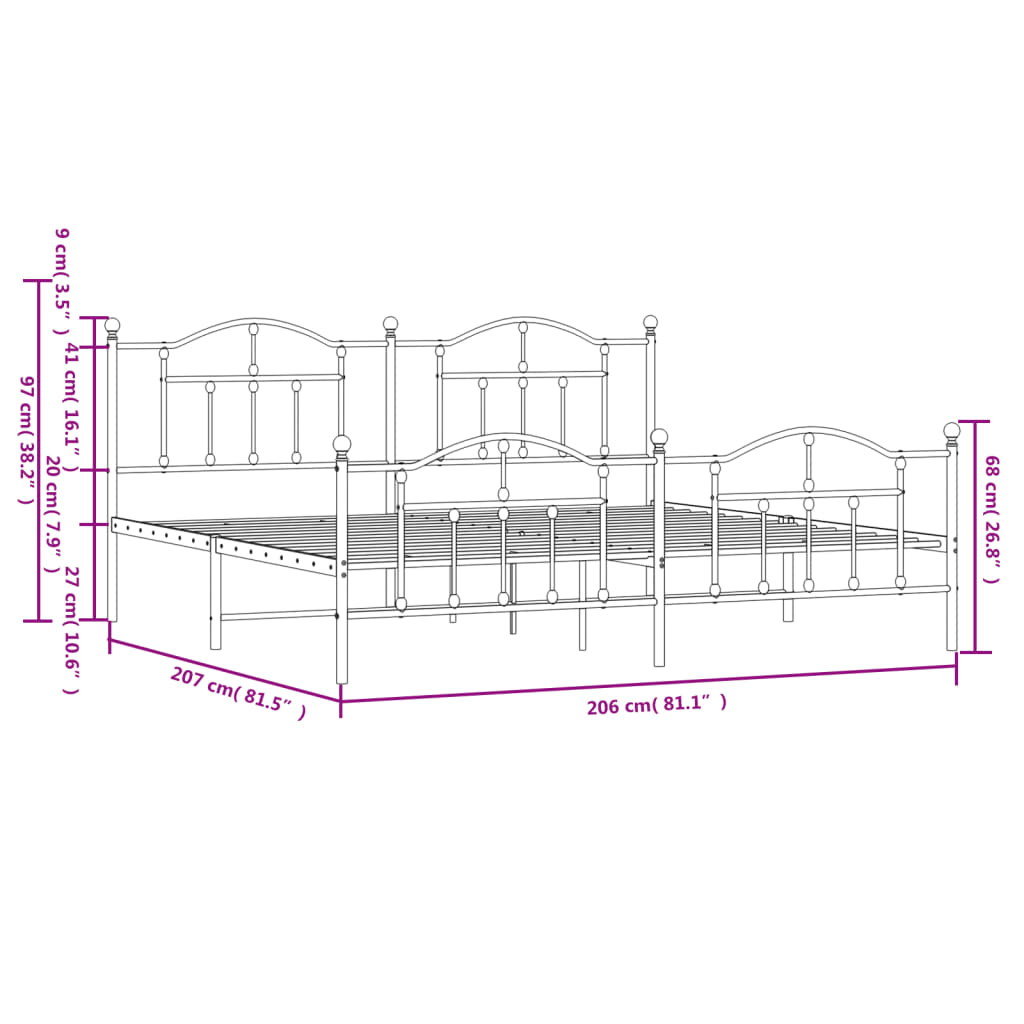 vidaXL sengeramme med sengegavl og fodgærde 200x200 cm metal sort