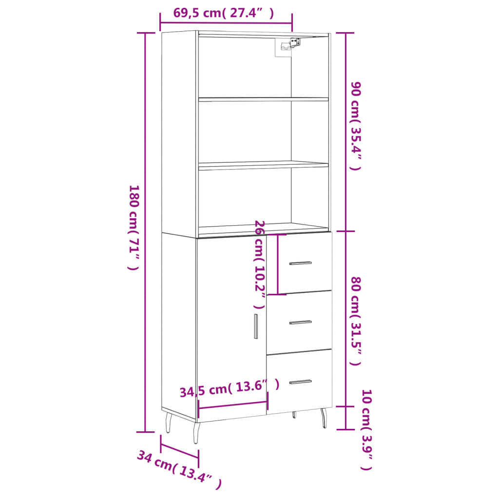 vidaXL højskab 69,5x34x180 cm konstrueret træ røget egetræsfarve