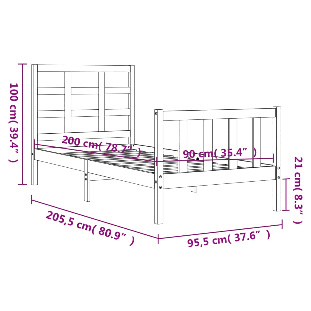 vidaXL sengeramme med sengegavl 90x200 cm massivt træ