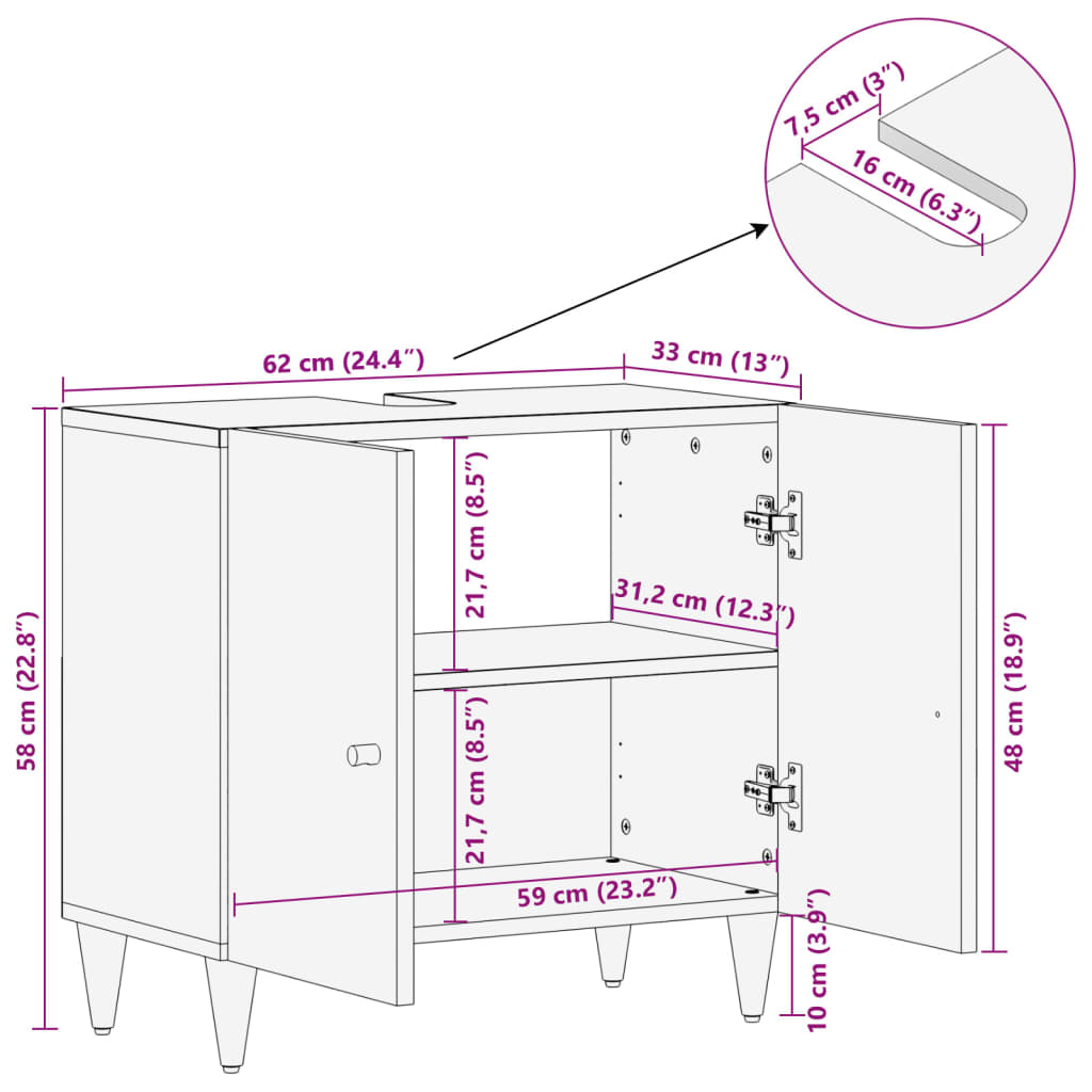 vidaXL underskab til vask 62x33x58 cm massivt mangotræ