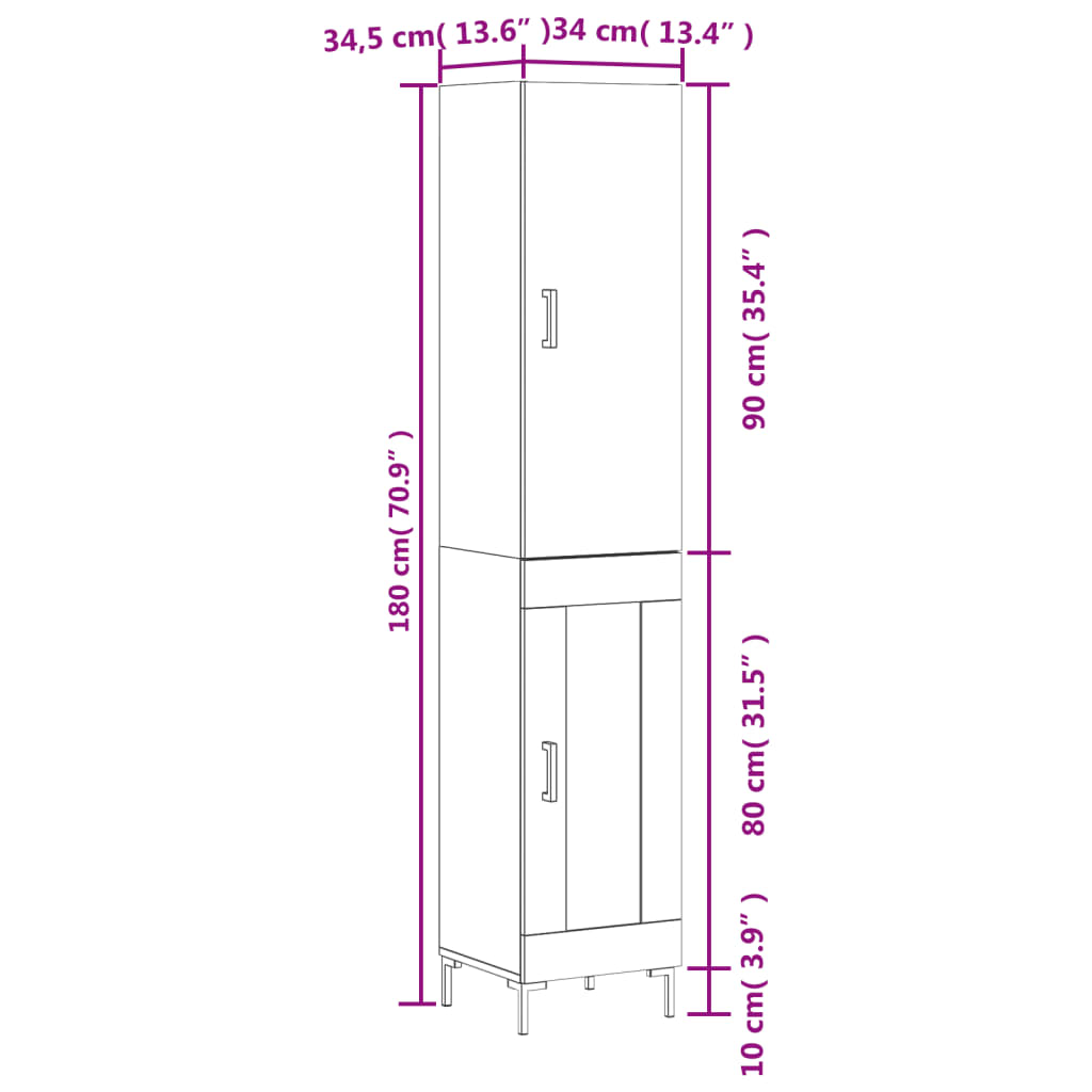 vidaXL skab 34,5x34x180 cm konstrueret træ brun egetræsfarve