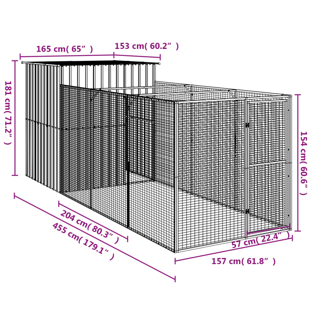 vidaXL hundehus med løbegård 165x455x181 cm galvaniseret stål lysegrå