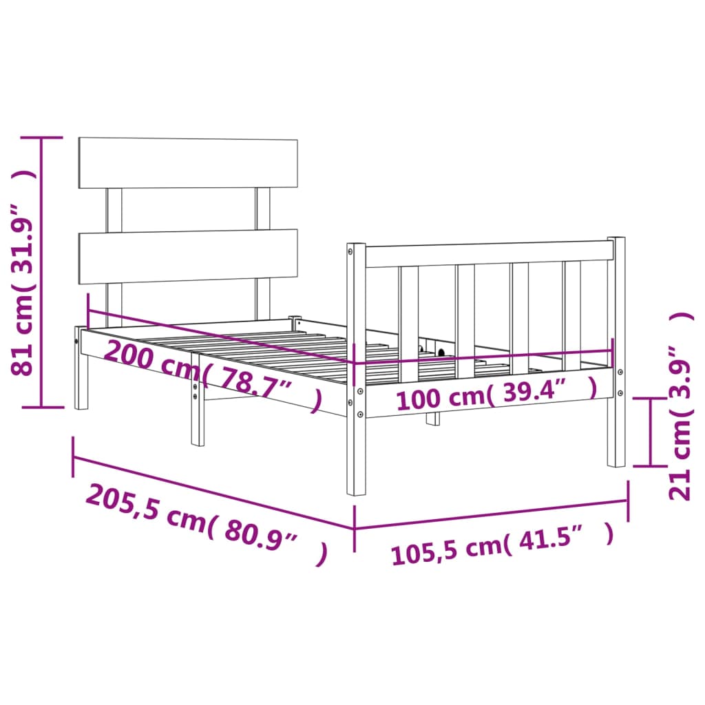 vidaXL sengeramme med sengegavl 100x200 cm massivt træ