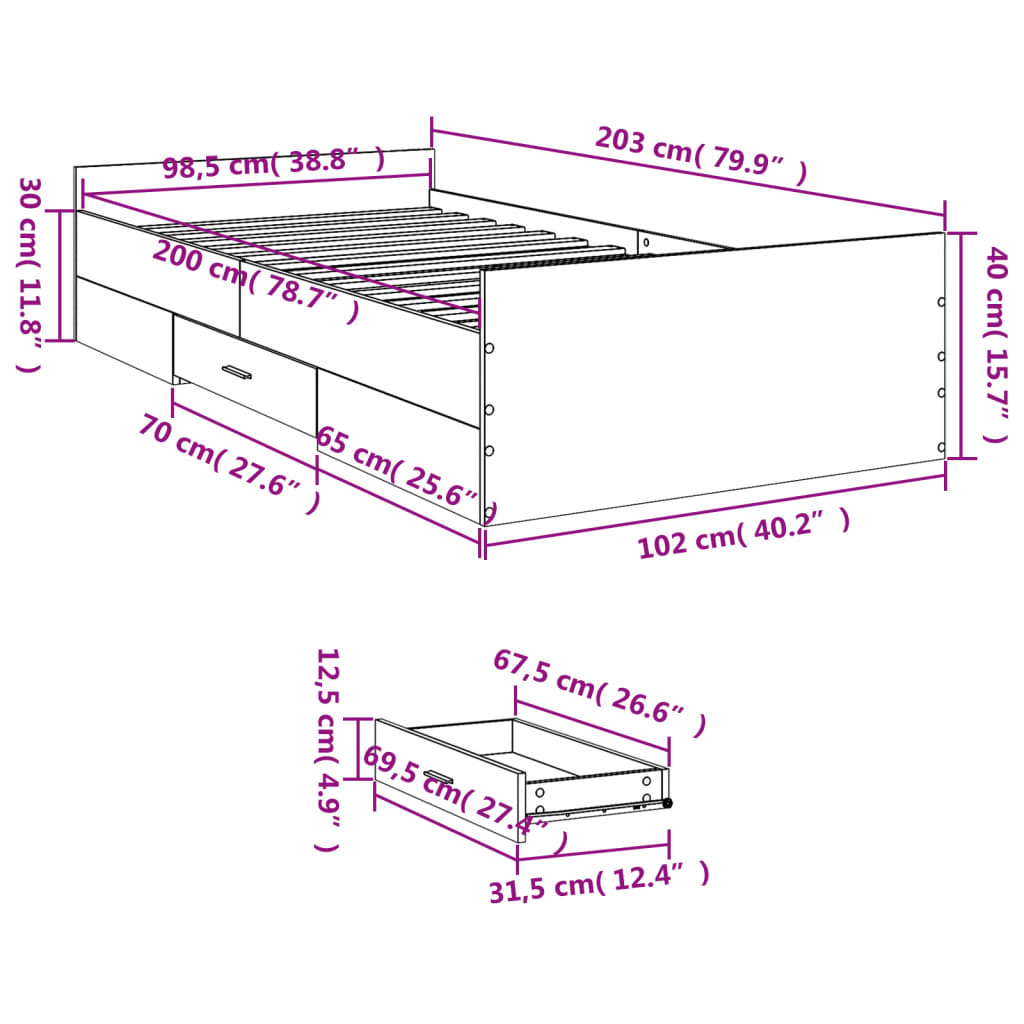 vidaXL sengeramme med skuffer 100x200 cm konstrueret træ sonoma-eg