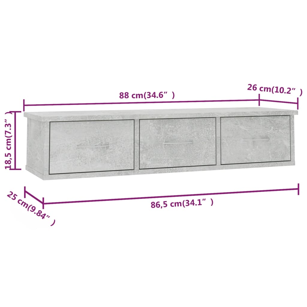 vidaXL vægskab med skuffer 88x26x18,5 cm konstrueret træ betongrå