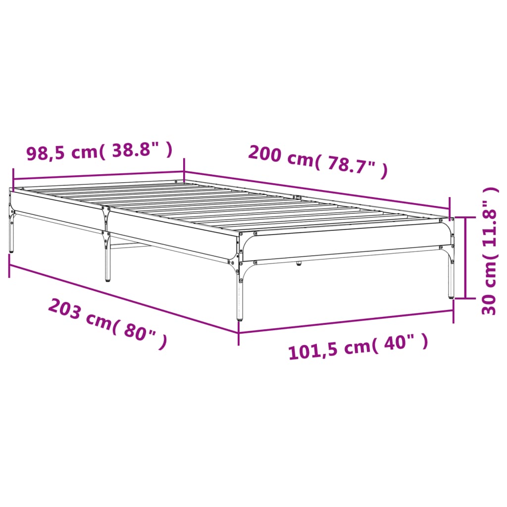 vidaXL sengeramme 100x200 cm konstrueret træ og metal grå sonoma-eg