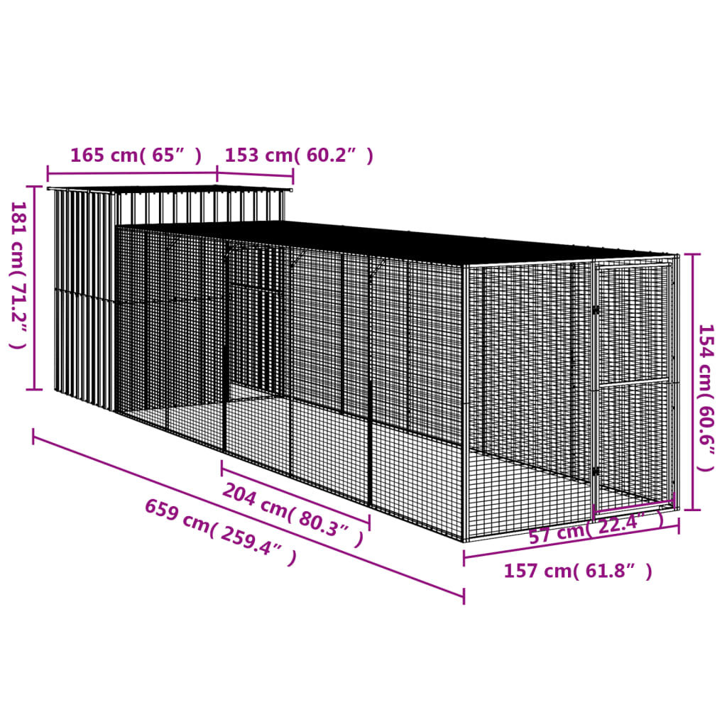 vidaXL hønsehus med løbegård 165x659x181 cm galvaniseret stål lysegrå