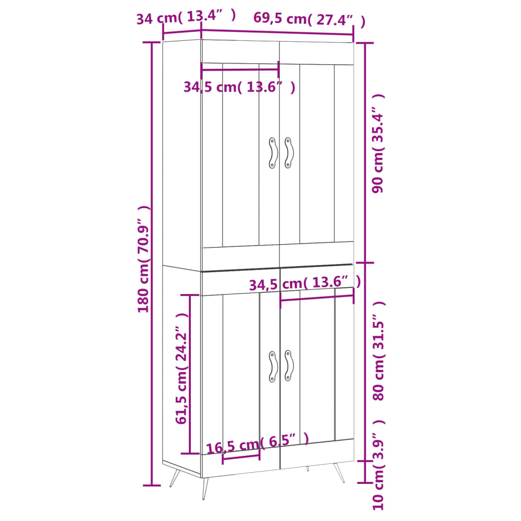 vidaXL højskab 69,5x34x180 cm konstrueret træ hvid højglans