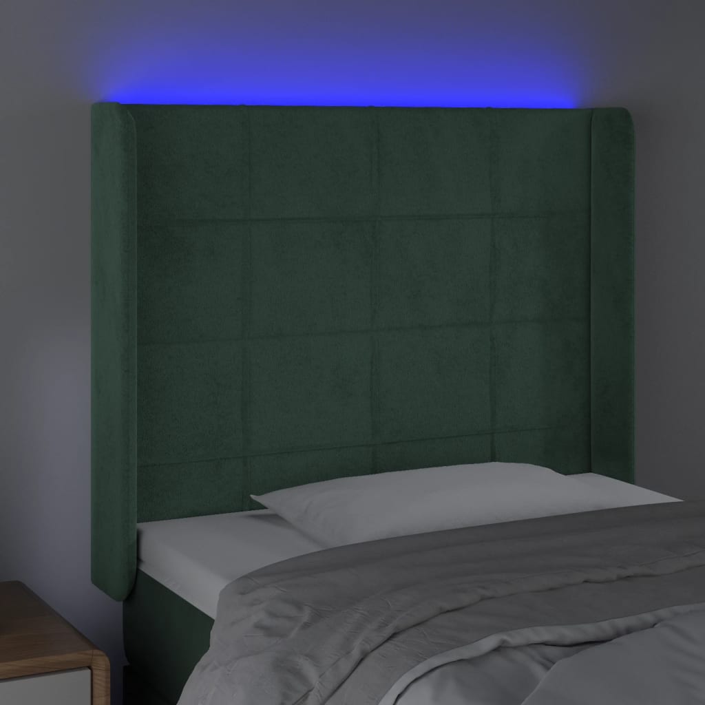 vidaXL sengegavl med LED-lys 83x16x118/128 cm fløjl mørkegrøn