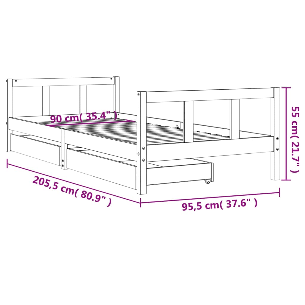 vidaXL sengeramme til juniorseng m. skuffer 90x200 cm massivt fyr hvid