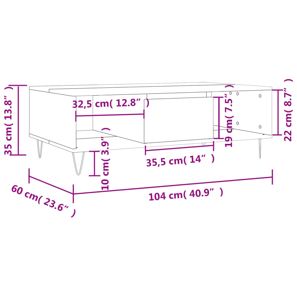 vidaXL sofabord 104x60x35 cm konstrueret træ brun egetræsfarve