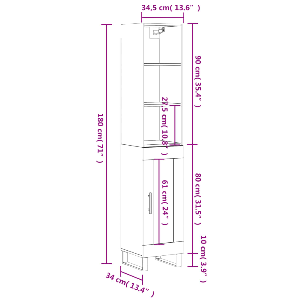 vidaXL skab 34,5x34x180 cm konstrueret træ betongrå