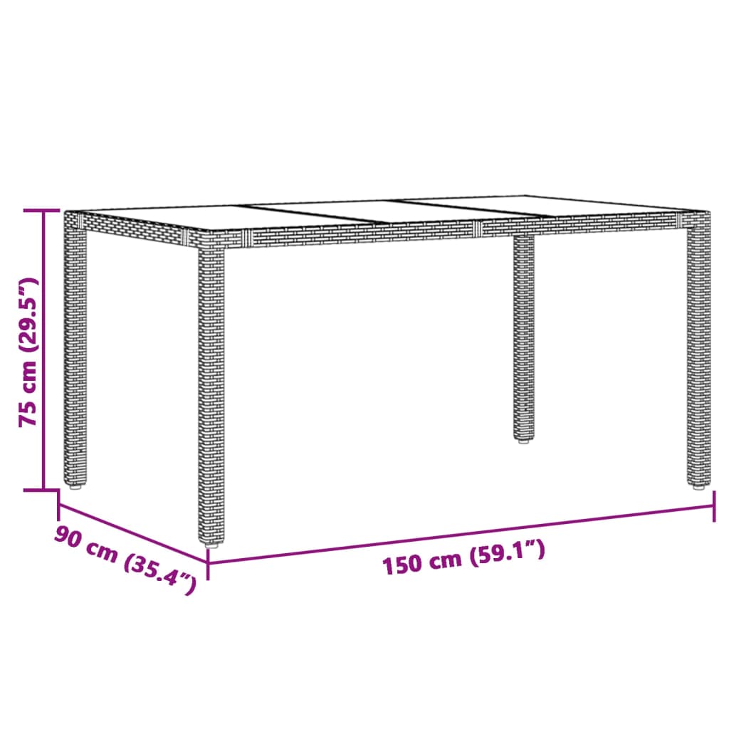 vidaXL havebord med glastop 150x90x75 cm polyrattan grå