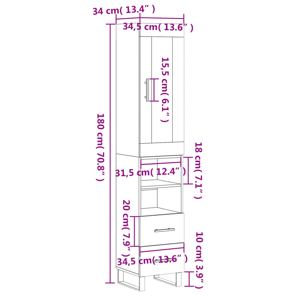 vidaXL skab 34,5x34x180 cm konstrueret træ hvid