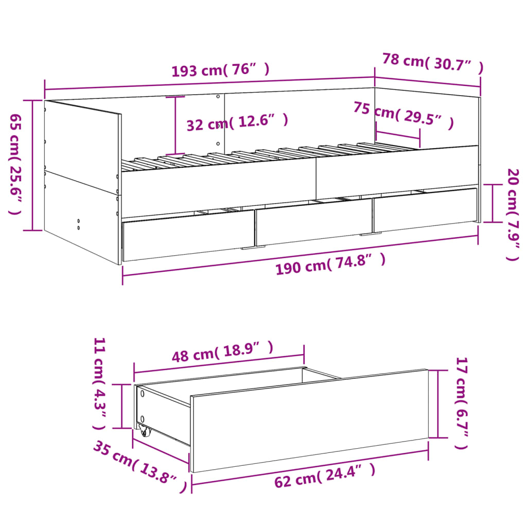 vidaXL daybed med skuffer uden madras 75x190 cm brunt eg