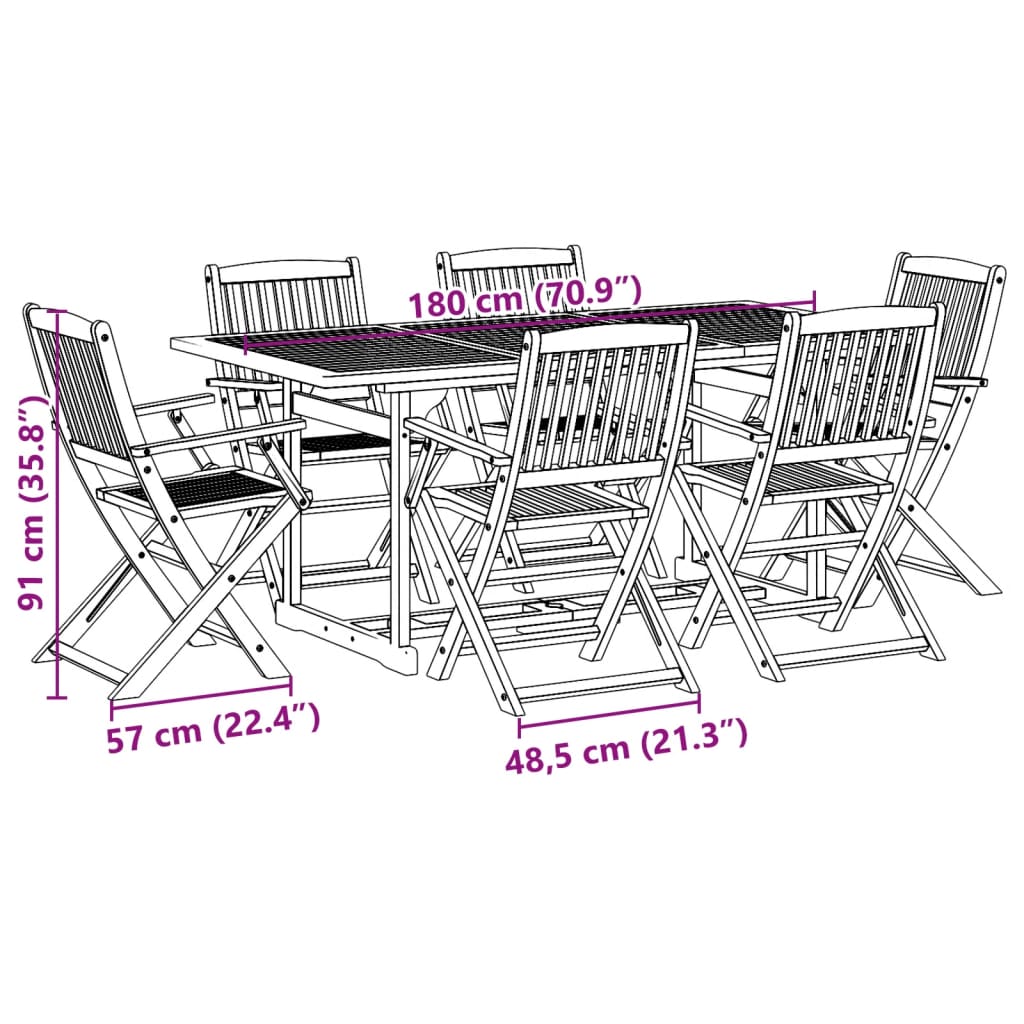 vidaXL spisebordssæt til haven 7 dele 180x90x75 cm massivt akacietræ