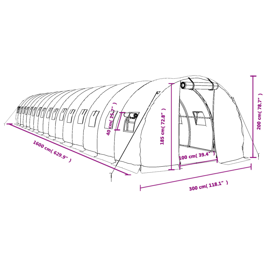 vidaXL drivhus med stålstel 48 m² 16x3x2 m grøn