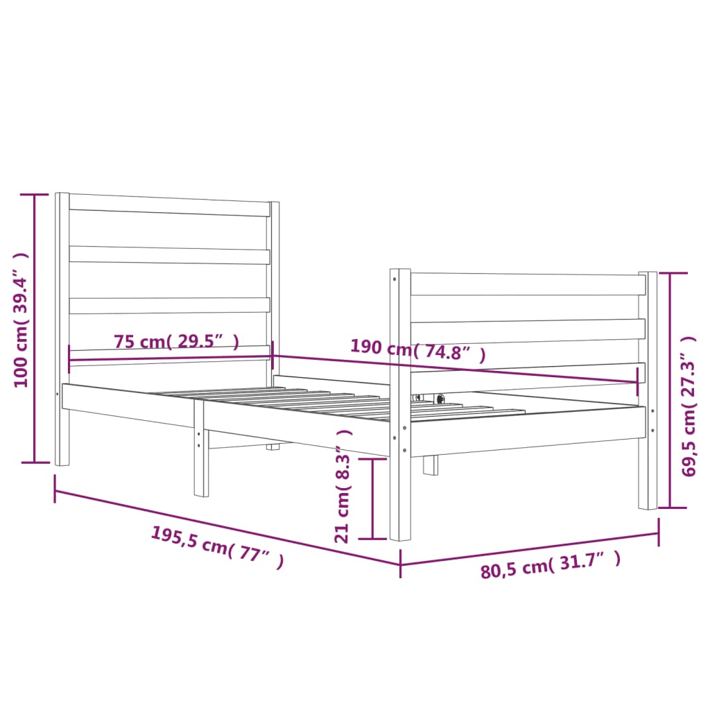 vidaXL sengeramme 75x190 cm Small Single massivt fyrretræ sort