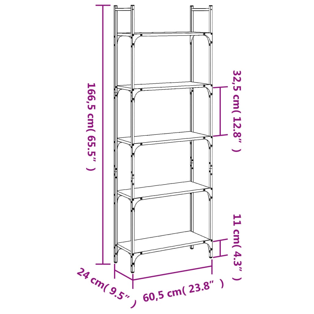 vidaXL bogreol 60,5x24x166,5 cm 4 hylder konstrueret træ røget eg