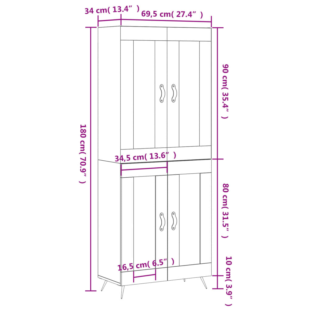 vidaXL højskab 69,5x34x180 cm konstrueret træ grå sonoma-eg