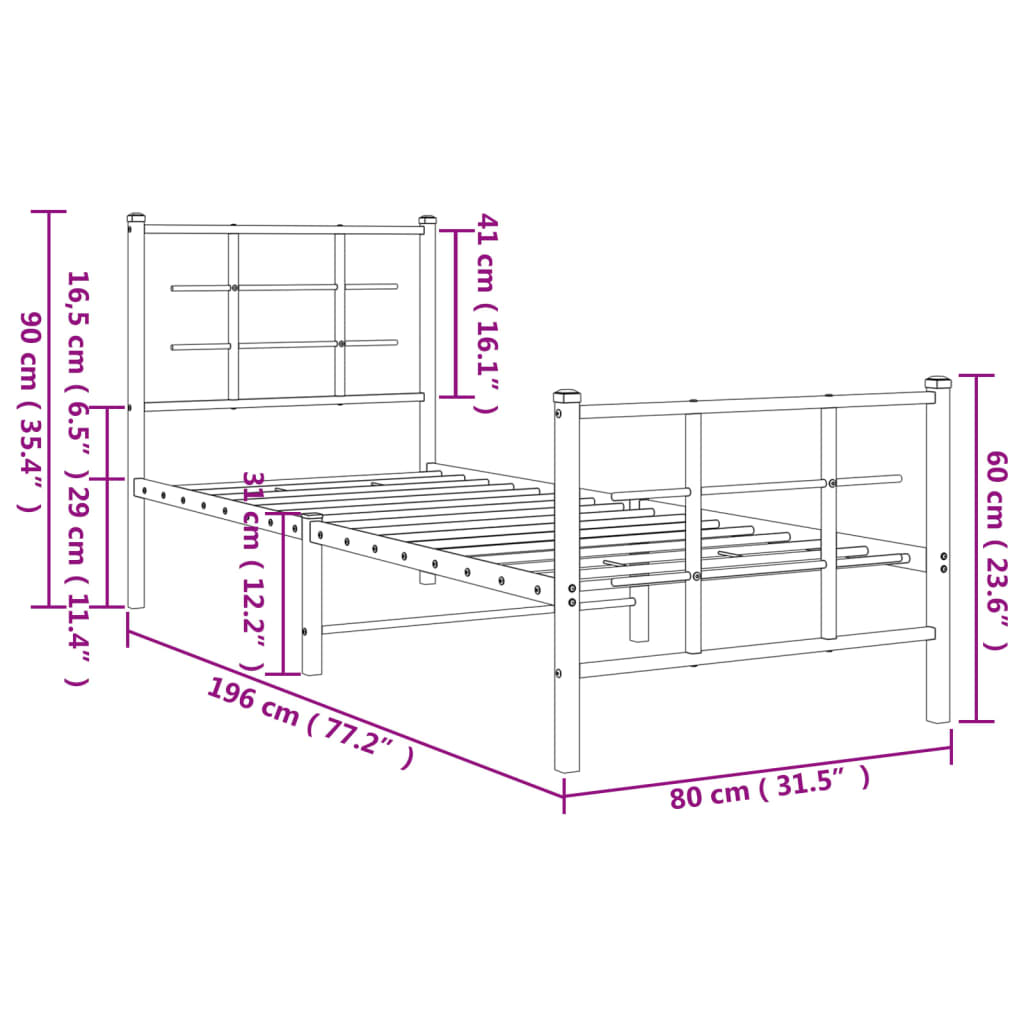 vidaXL sengeramme med sengegavl og fodgærde 75x190 cm metal sort