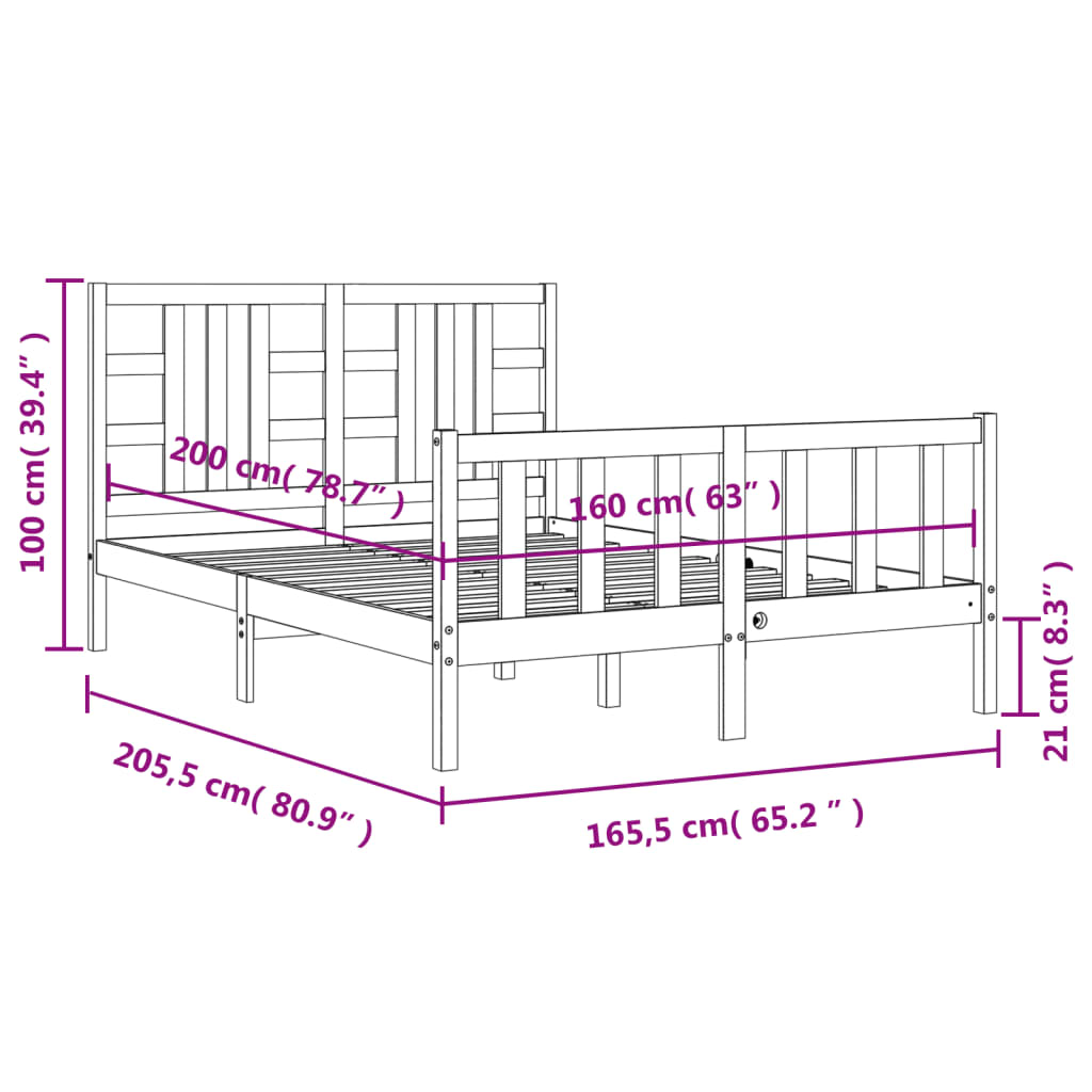 vidaXL sengeramme med sengegavl 160x200 cm massivt træ sort