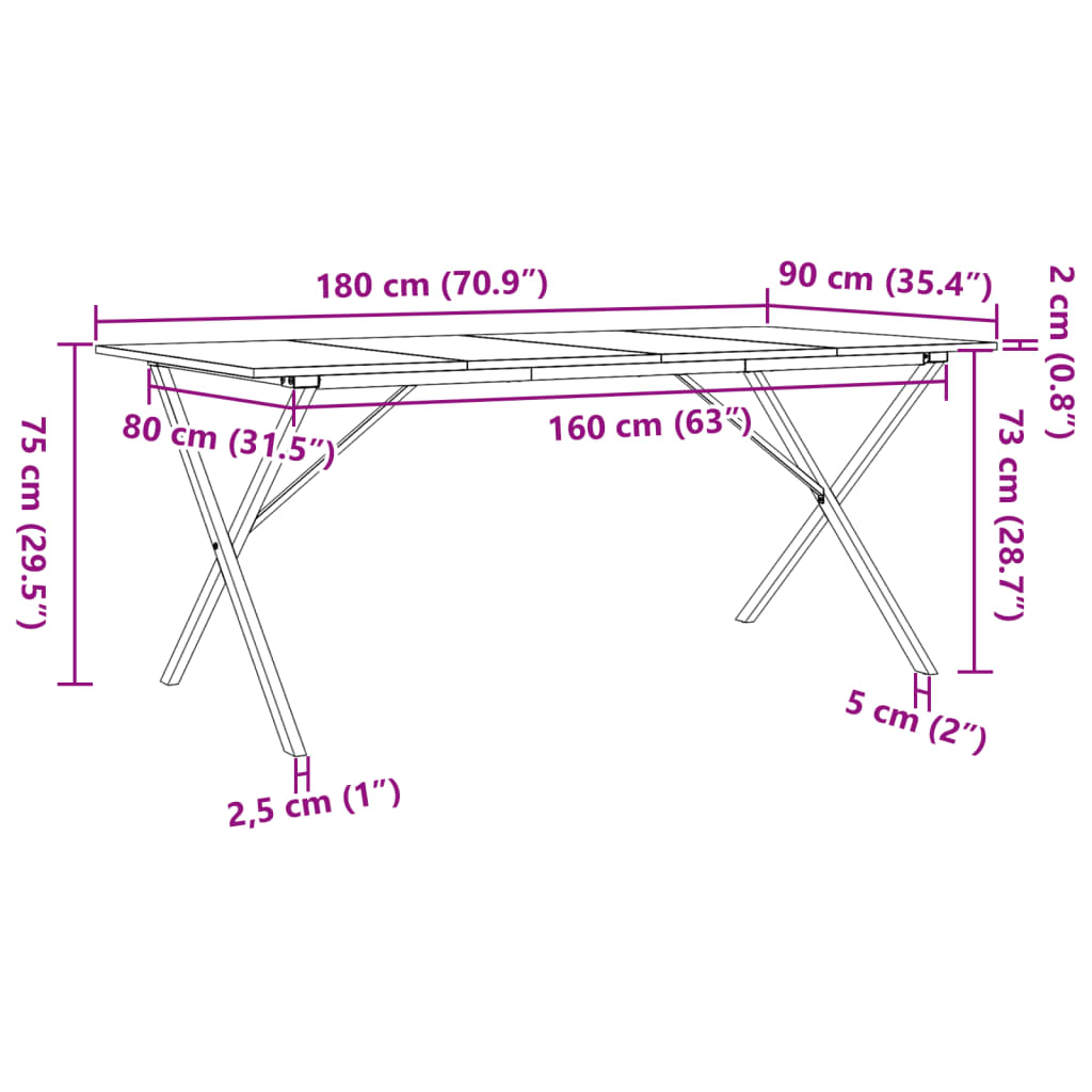 vidaXL spisebord 180x90x75 cm X-stel massivt fyrretræ og støbejern