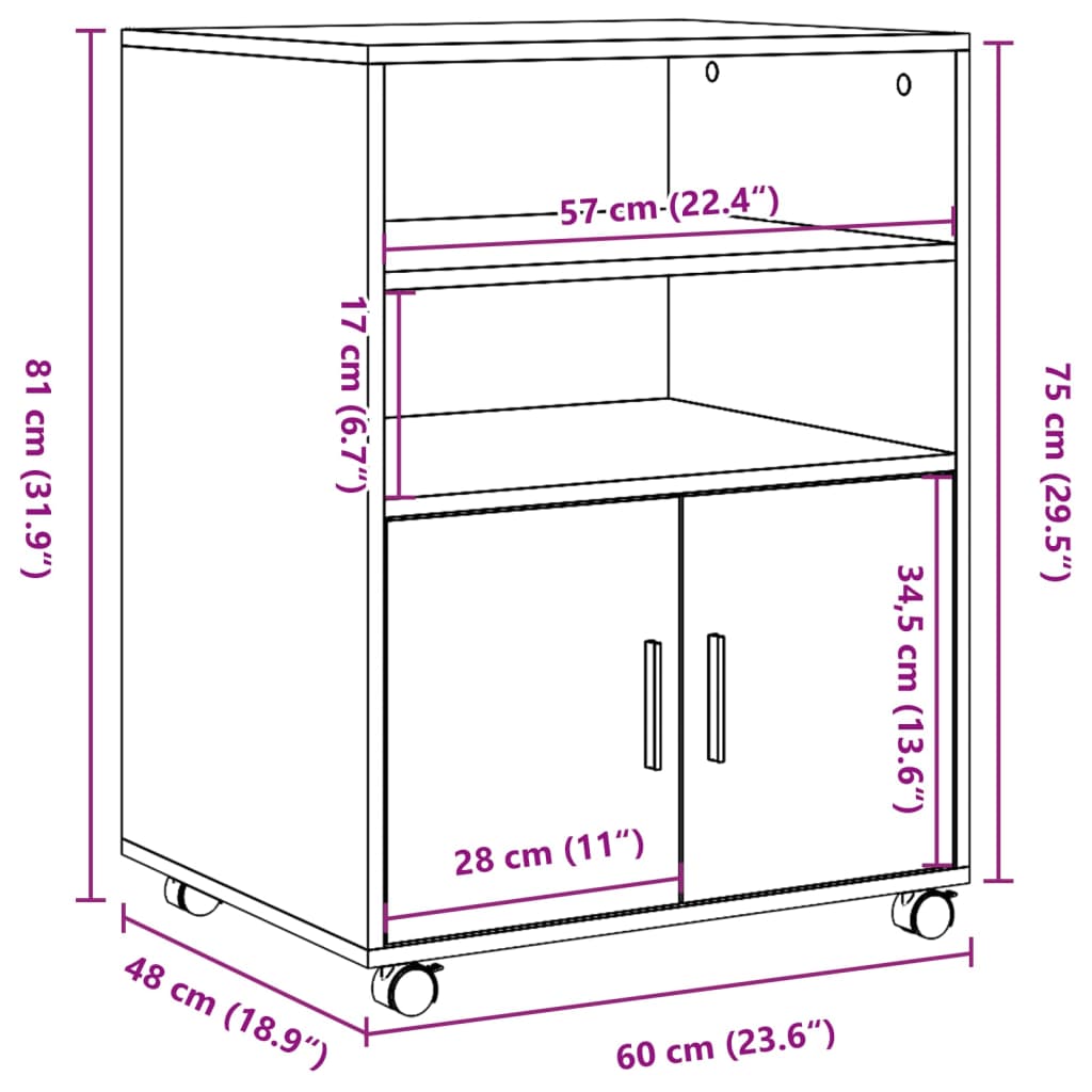 vidaXL rullebord 60x48x81 cm konstrueret træ grå sonoma-eg