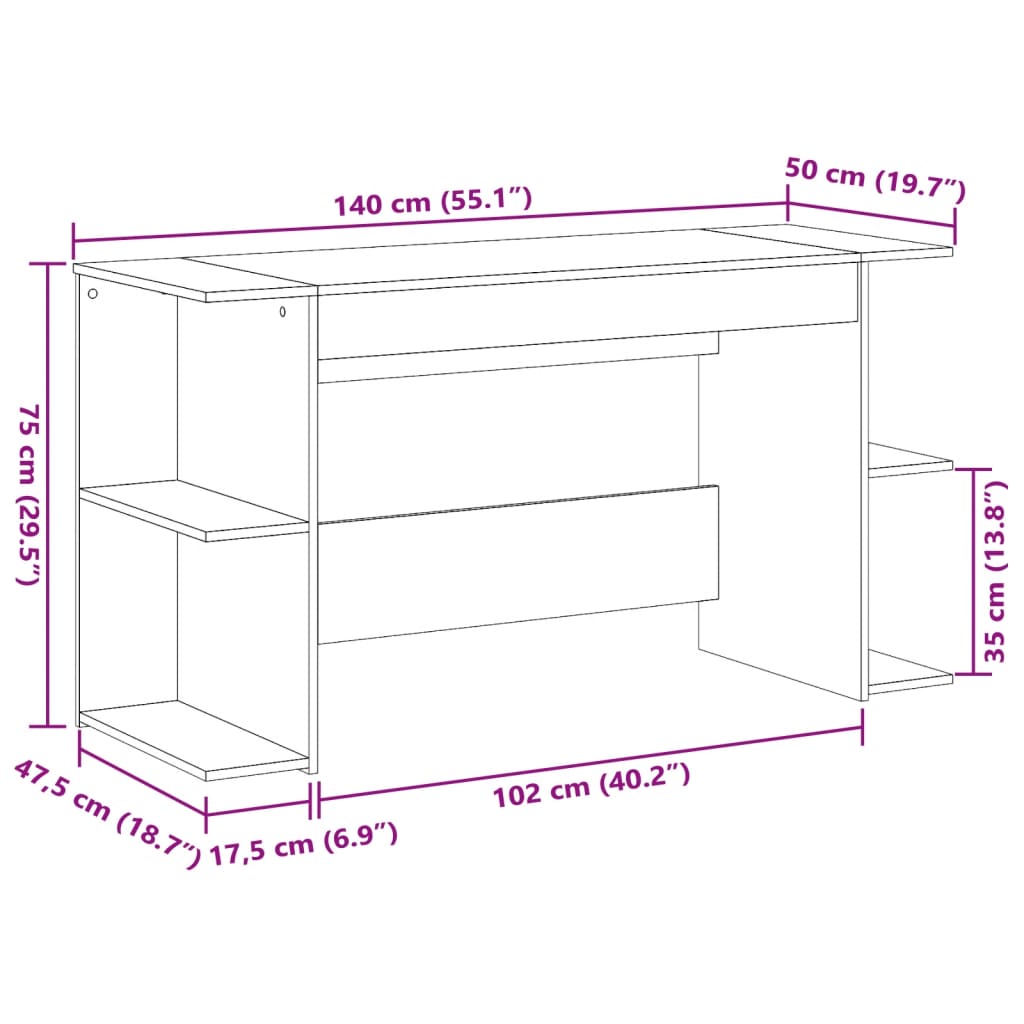 vidaXL skrivebord 140x50x75 cm konstrueret træ brun egetræsfarve