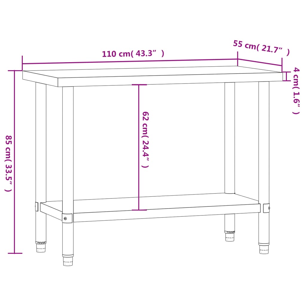 vidaXL arbejdsbord til køkken 110x55x85 cm rustfrit stål