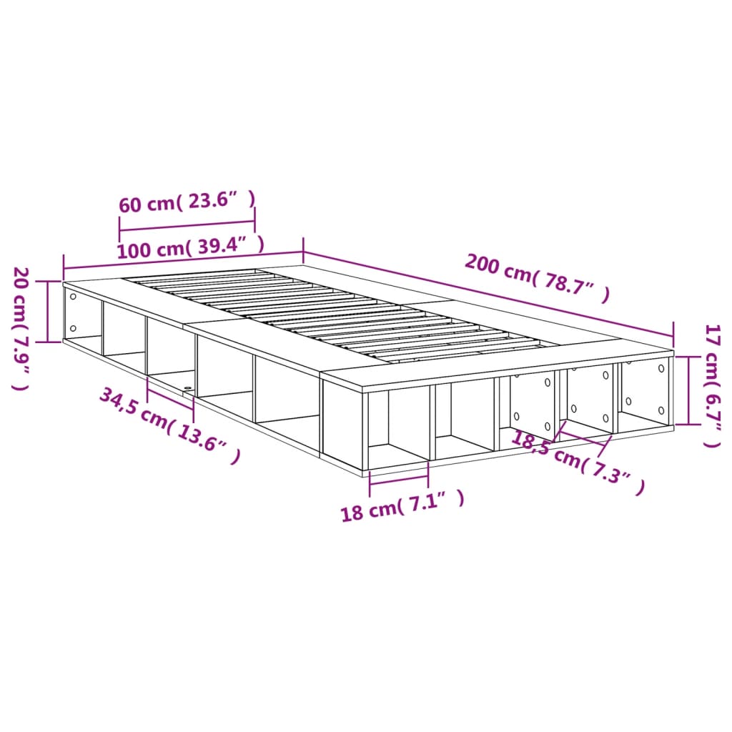 vidaXL sengeramme 100x200 cm konstrueret træ grå sonoma-eg