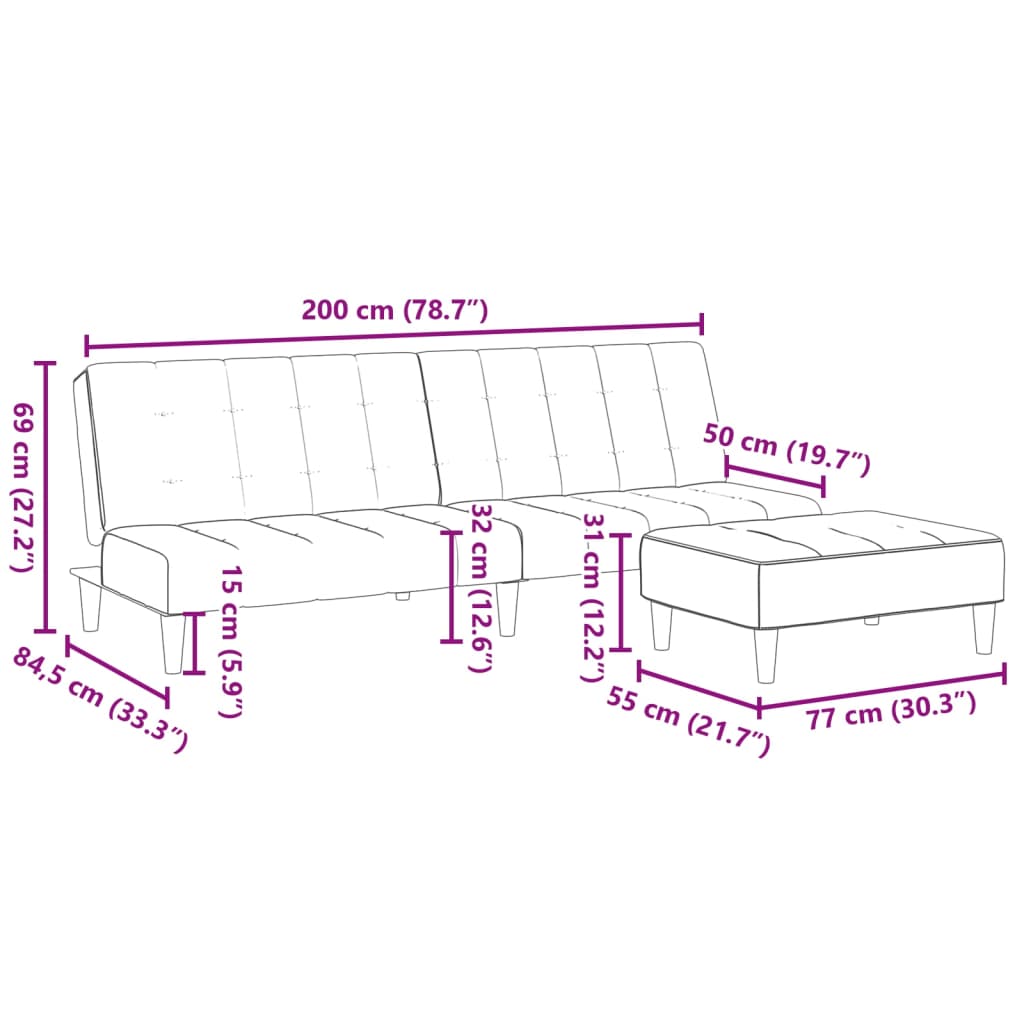 vidaXL 2-personers sovesofa med fodskammel velour lysegrå