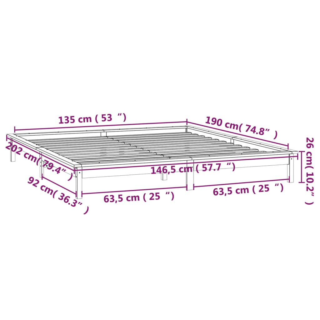 vidaXL sengeramme med LED-lys 135x190 cm dobbelt massivt træ hvid