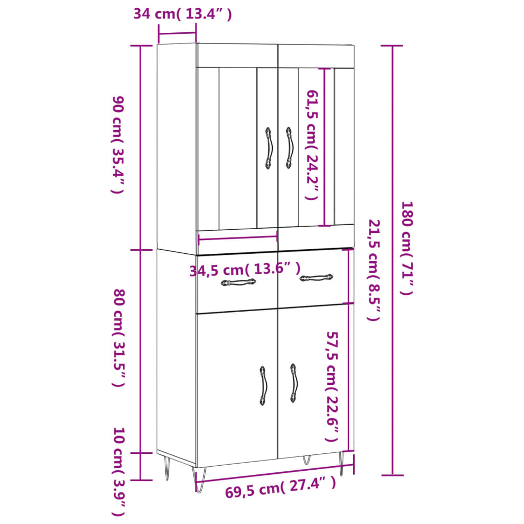 vidaXL højskab 69,5x34x180 cm konstrueret træ hvid