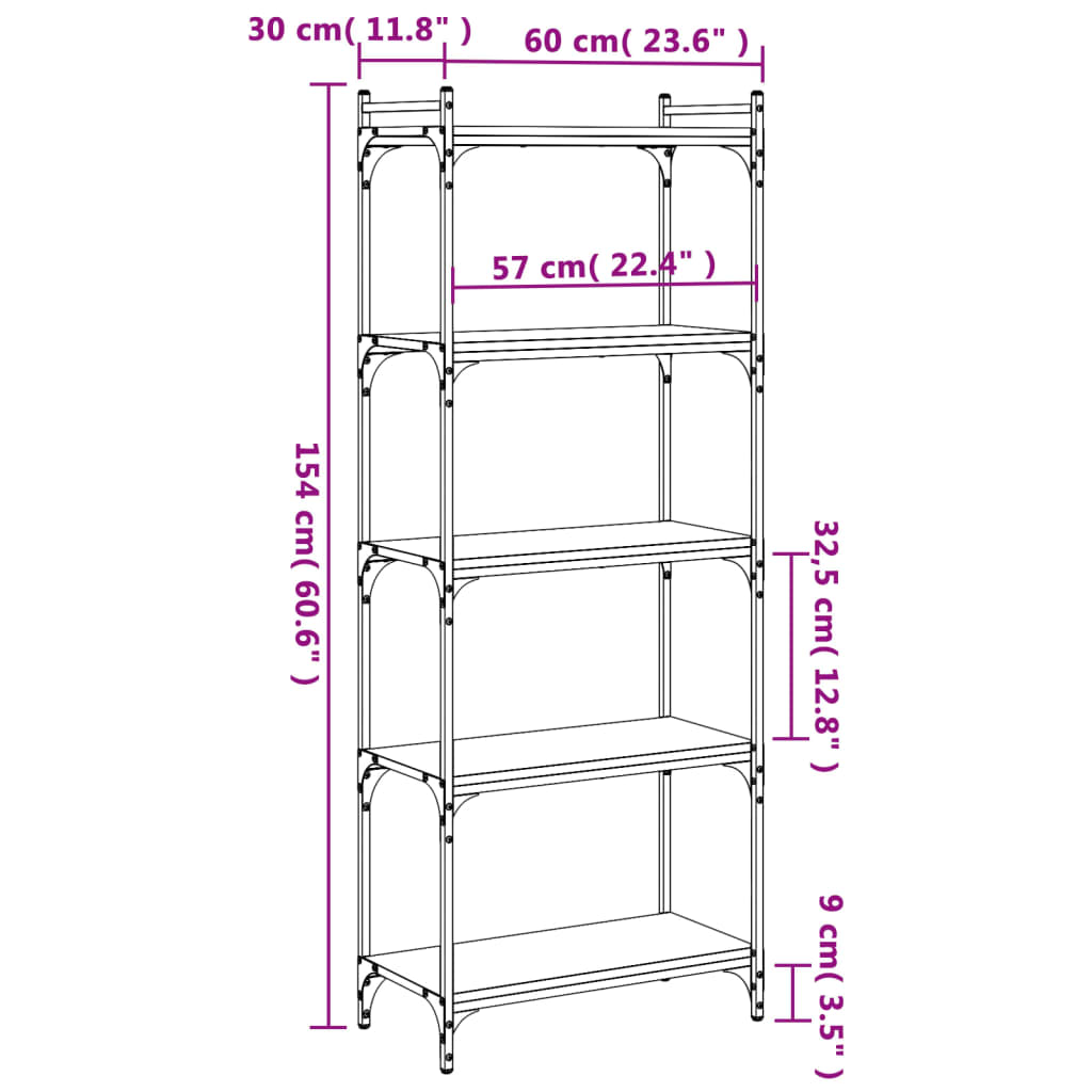 vidaXL bogreol 5 hylder 60x30x154 cm konstrueret træ brunt eg