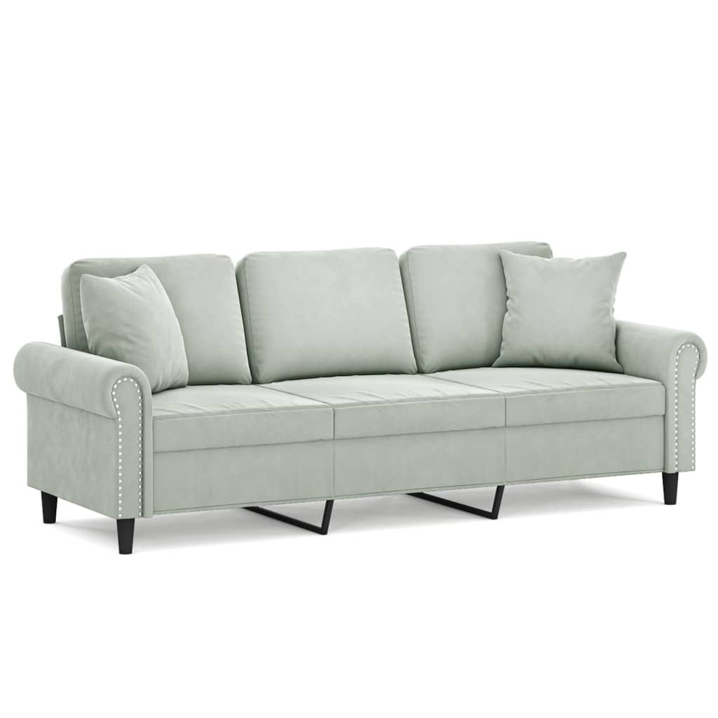 vidaXL 3-personers sofa med pyntepuder 180 cm velour lysegrå