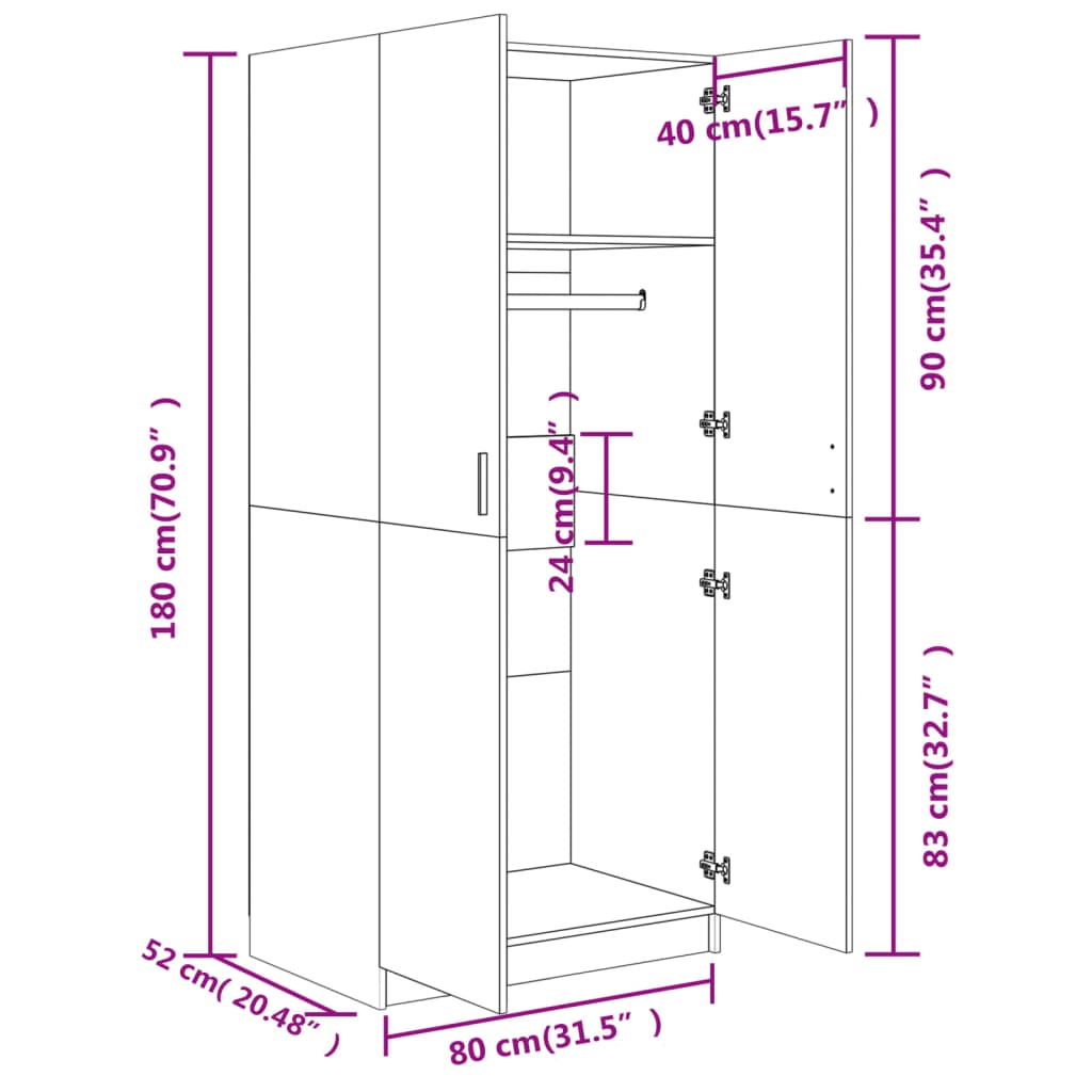 vidaXL klædeskab 80x52x180 cm konstrueret træ sonoma-eg