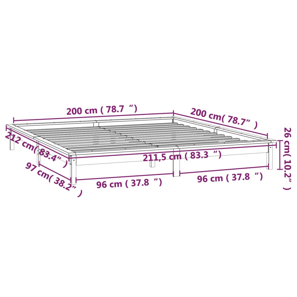 vidaXL sengeramme med LED-lys 200x200 cm massivt træ sort