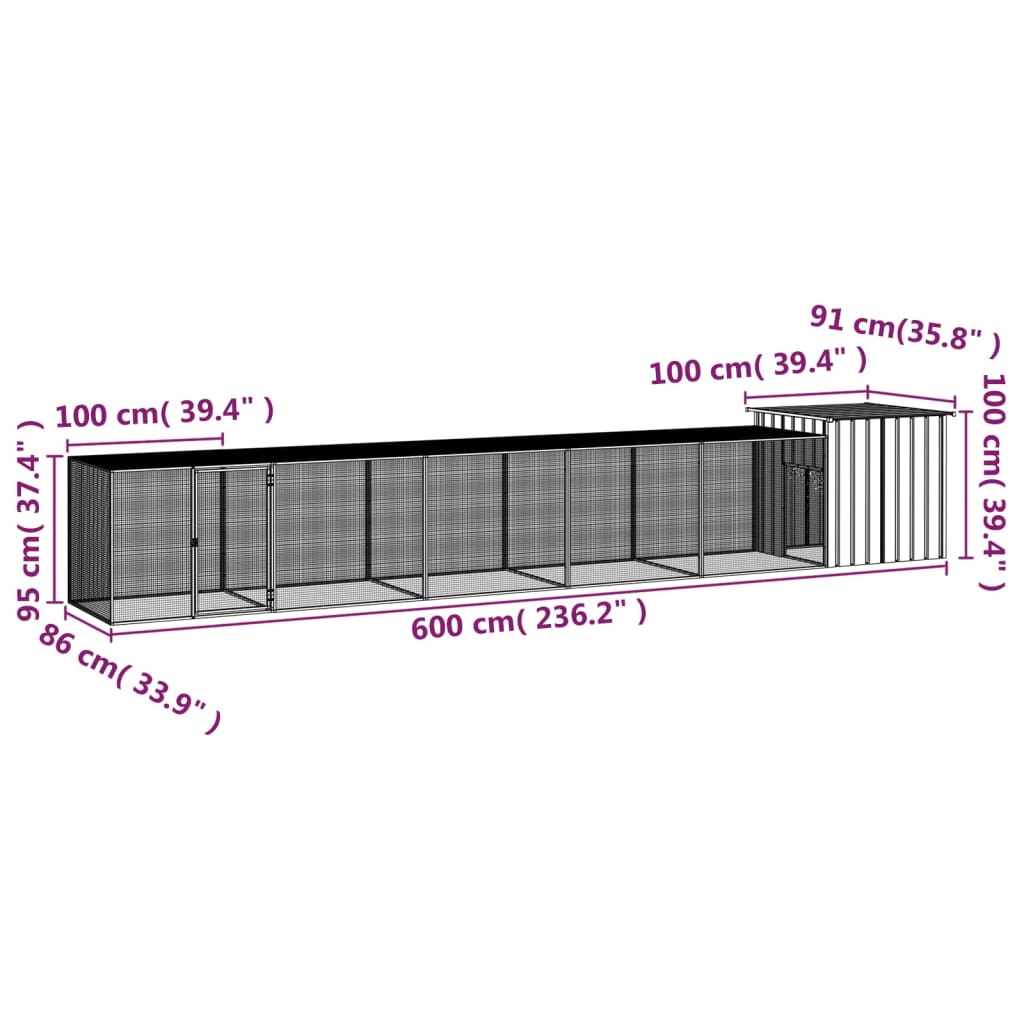 vidaXL hønsehus 600x91x100 cm galvaniseret stål grå