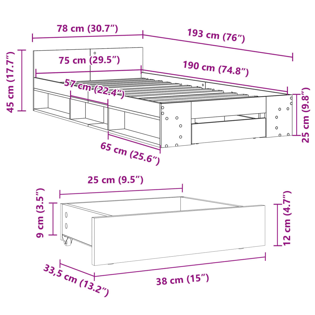 vidaXL sengeramme med skuffe 75x190 cm konstrueret træ brunt egetræ