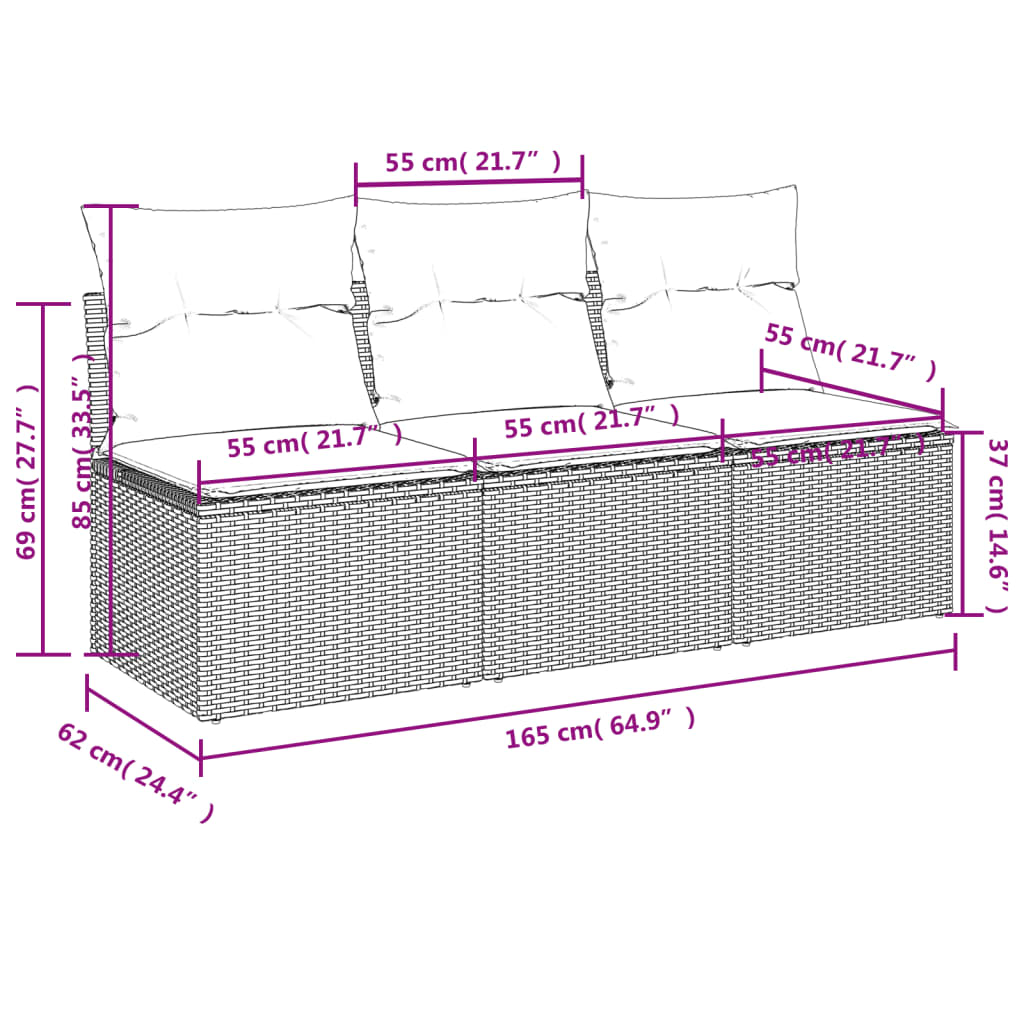 vidaXL 3-personers havesofa med hynder polyrattan sort