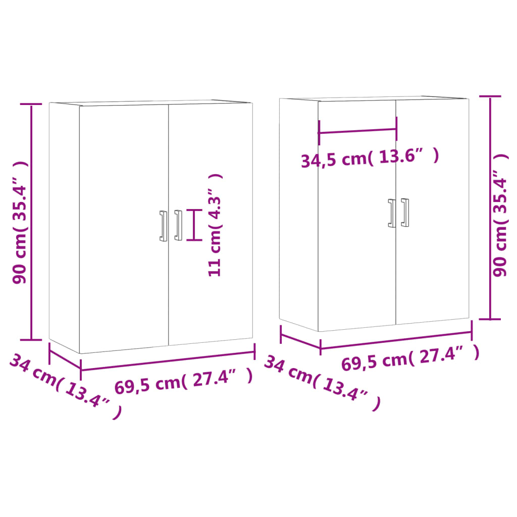 vidaXL vægskabe 2 stk. 69,5x34x90 cm grå sonoma-eg