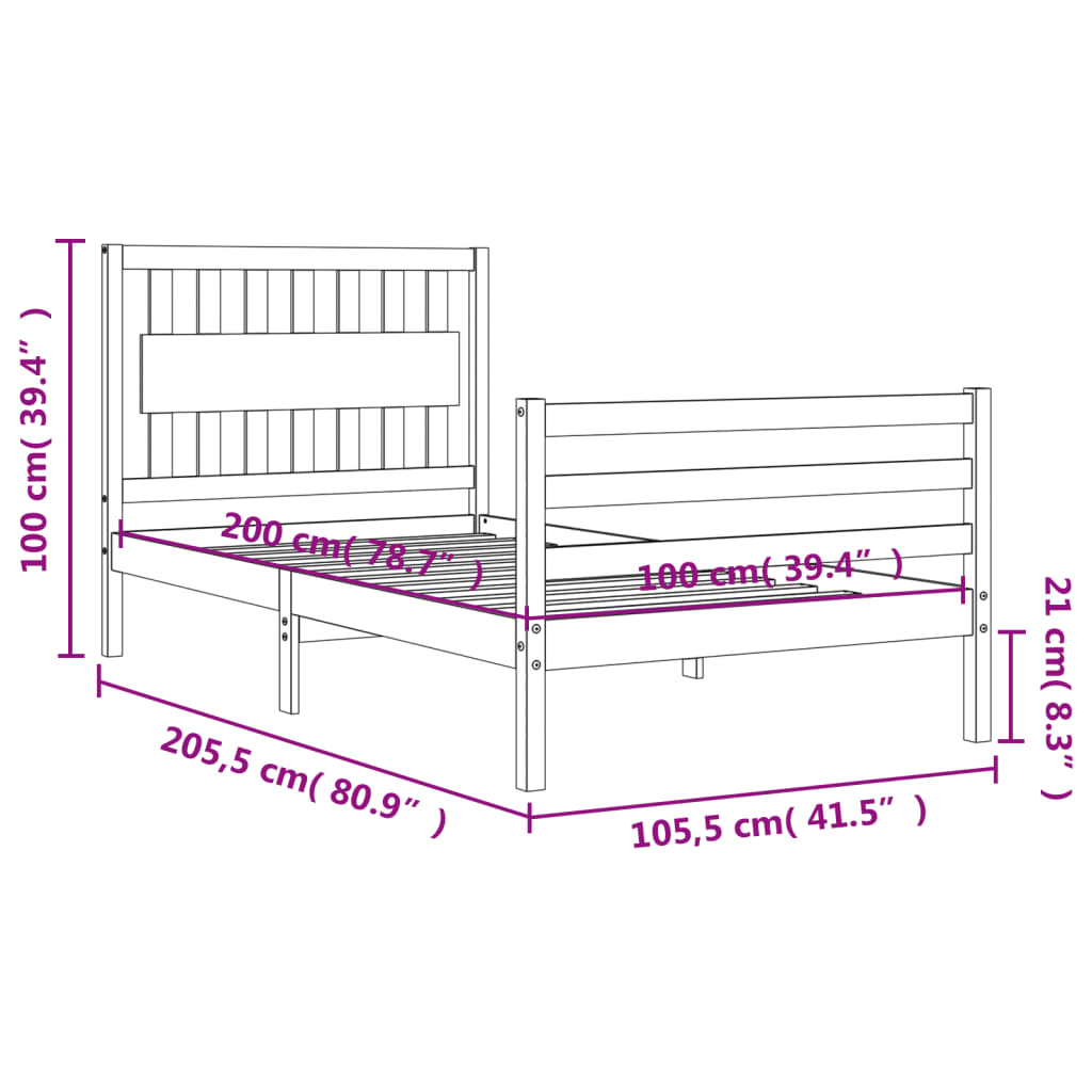 vidaXL sengeramme med sengegavl 100x200 cm massivt træ