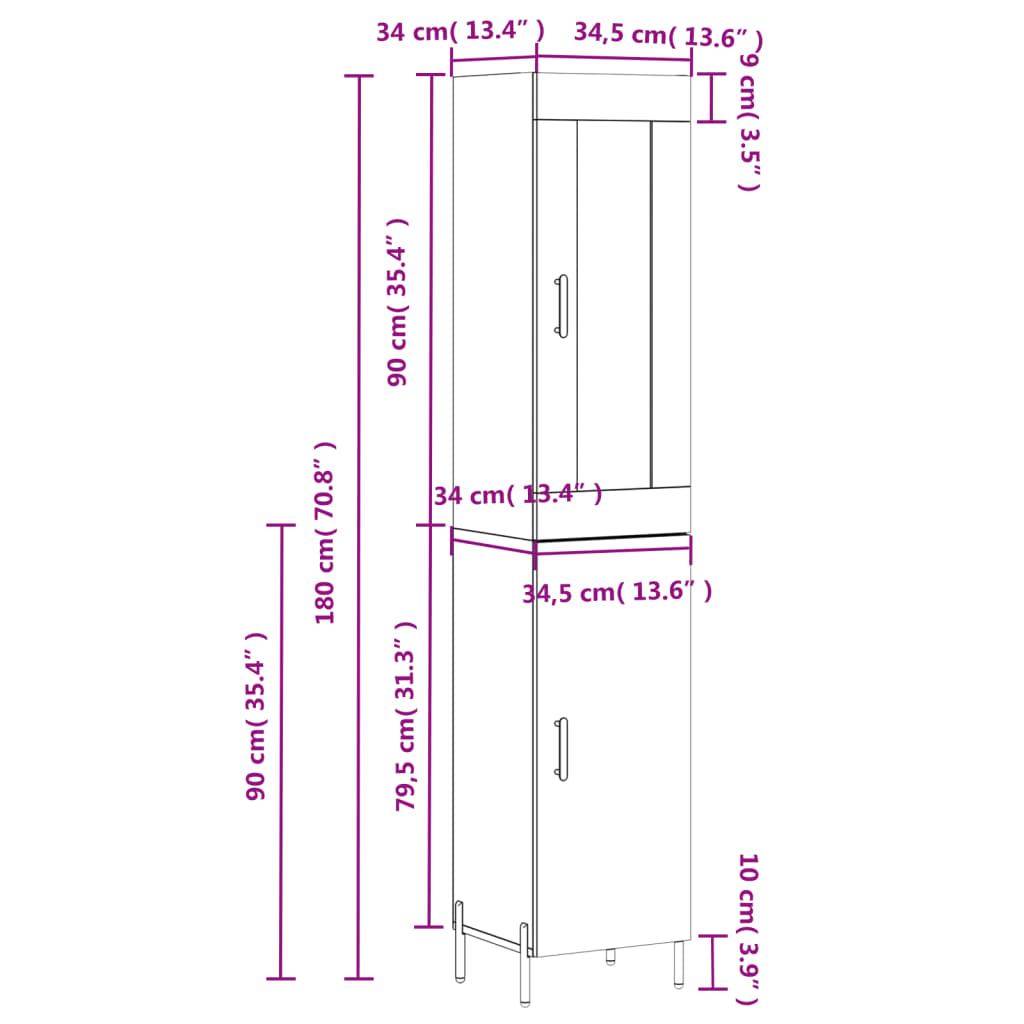 vidaXL skab 34,5x34x180 cm konstrueret træ betongrå