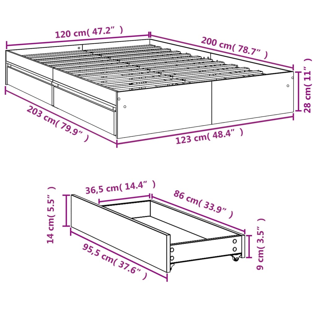 vidaXL sengeramme med skuffer 120x200 cm konstrueret træ grå sonoma-eg