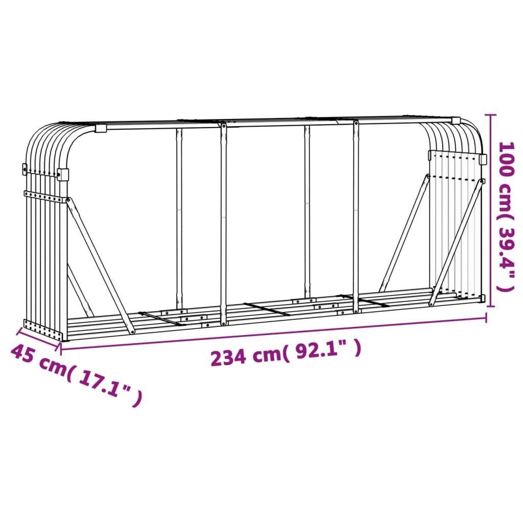 vidaXL brændestativ 234x45x100 cm galvaniseret stål antracitgrå